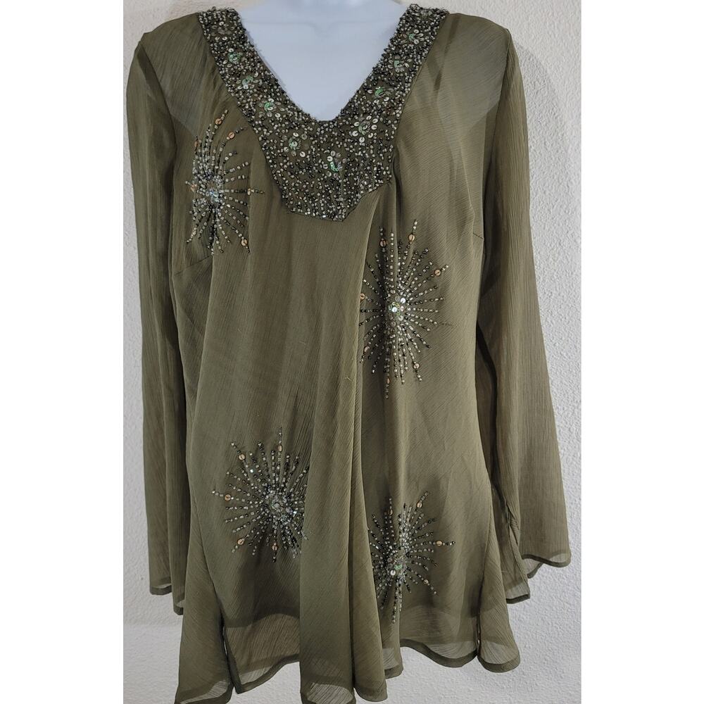 Goodclothes Army Green Beaded Tunic And Camisole Shirt S Sheer Lightweight